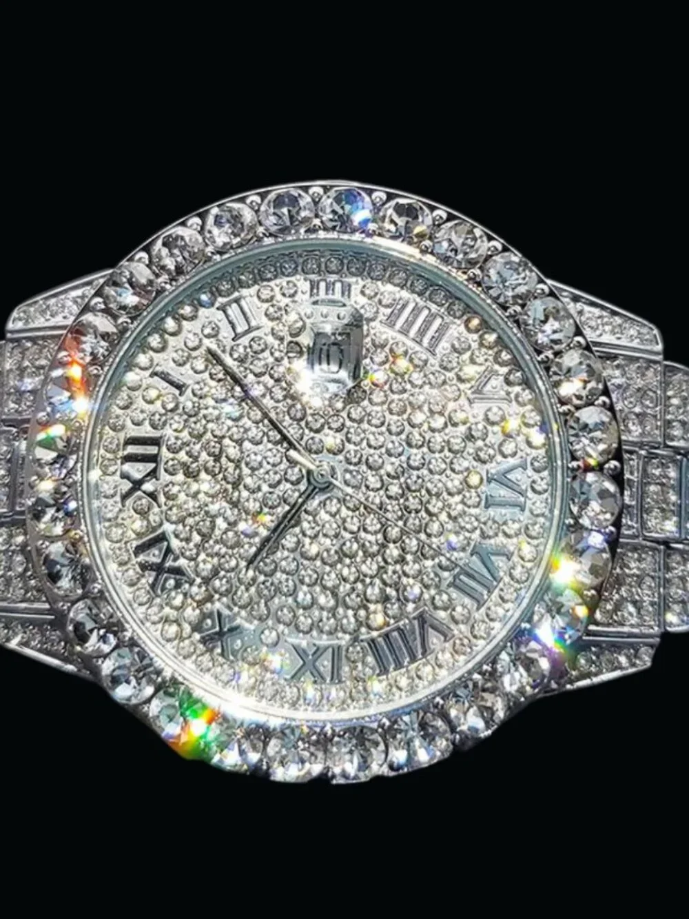 Silver Color Bling Tennis Body Roman Numerals Iced Out Diamond Watch, Hip Hop